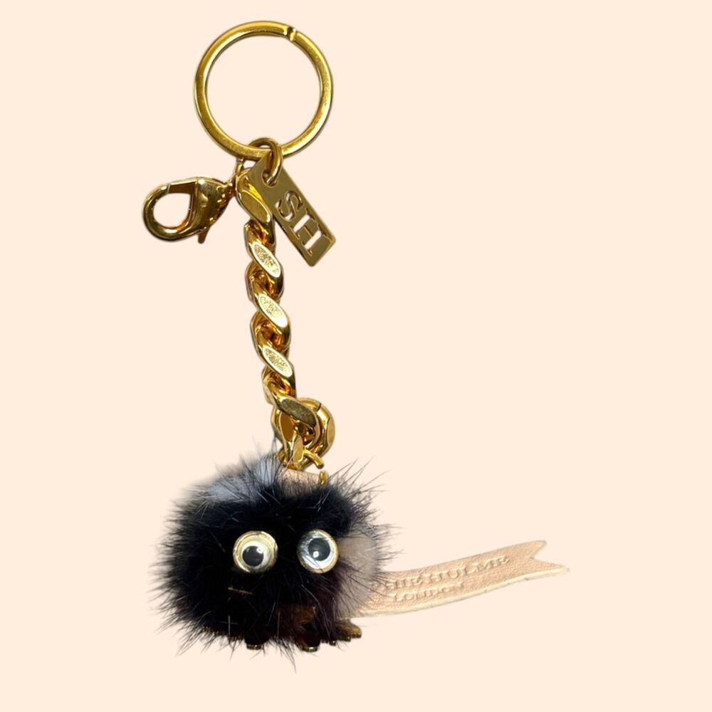 Sophie Hulme Black Fur Pom-Pom Key Charm Charm with Gold Hardware